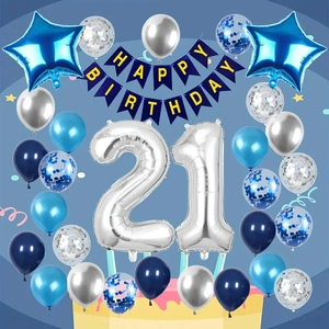 Blue and silver 21st birthday party set with balloons, number 21 foil, and banner