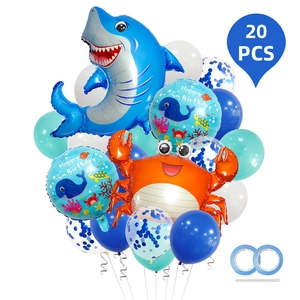 Ocean Animal Theme Birthday Party Decoration With Shark Crab Aluminum Foil Balloons And Colorful Confetti Latex Balloons