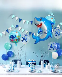 Blue shark and ocean theme balloon set for happy birthday party table decorations