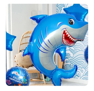 Blue shark foil balloon set for ocean theme party with star balloons and Feliz Cumpleaños