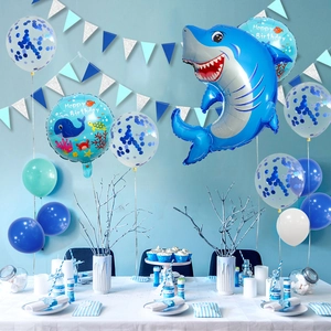 Ocean themed birthday balloon set with shark foil balloons and blue sequin latex balloons