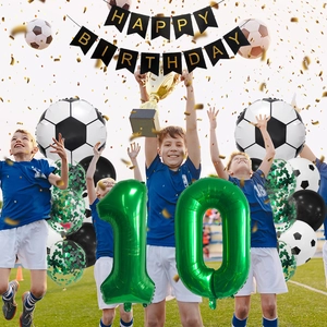 Soccer themed birthday decor set with Happy Birthday banner and number 10 foil balloons