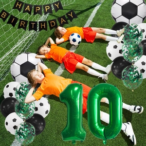 Soccer themed 10th birthday party kit with green number 10 balloon and sport banners