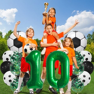 Outdoor setup of soccer party balloons with number 10 and football foil shapes