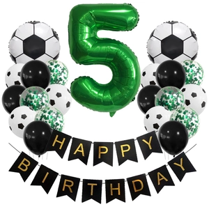 Soccer theme 5th birthday party kit with green number 5 foil balloon and happy birthday banner