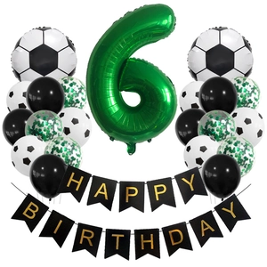 Soccer theme 6th birthday party set with number 6 balloon, footballs and happy birthday banner