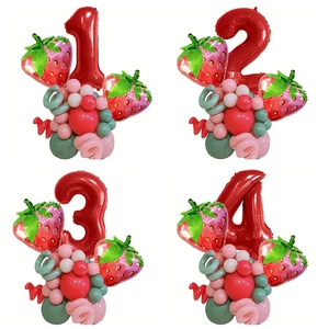 Strawberry Theme Red Number Birthday Party Balloon Set Aluminum Foil Latex Decorative Column For Kids Celebration