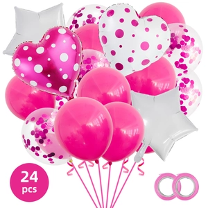 Detailed 24pcs pink balloon set with foil hearts, star, confetti and ribbons for party decor