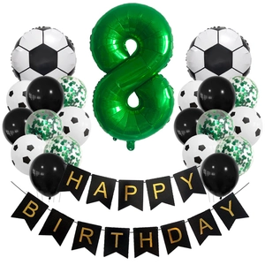 8th birthday soccer party set with green number 8 balloon, foil footballs and banner