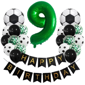 Soccer themed 9th birthday party kit with green number 9 foil balloon and hanging banners