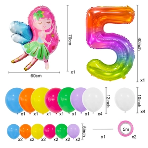 Detailed set overview of number 5 rainbow balloon with fairy and assorted latex balloons