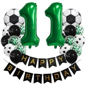 Soccer theme 11th birthday party kit with football foil balloons and happy birthday banner