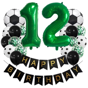 Soccer themed 12th birthday party set with balloons and happy birthday banner
