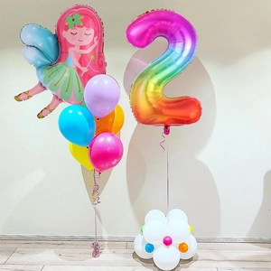 Detailed set of a fairy foil balloon and rainbow gradient number 2 balloon with base