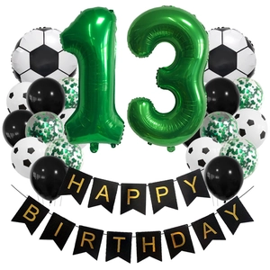 Soccer theme 13th birthday party kit with green number 13 balloons and happy birthday banner