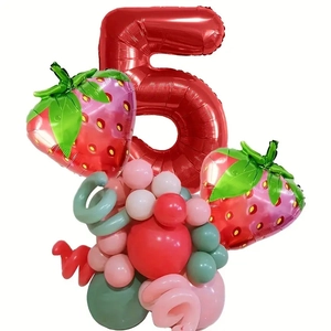 32-inch red number 5 balloon set with strawberry foil balloons for birthday party decor