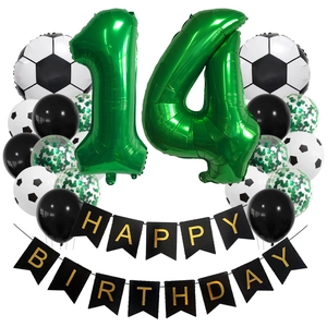 Soccer theme 14th birthday set with green number balloons and football foil party banners