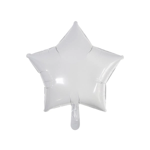 Detail of a shiny pearl white star-shaped aluminum foil balloon with an inflation valve