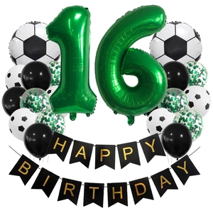 Close-up of a 16th birthday football theme decoration set with balloons and banner