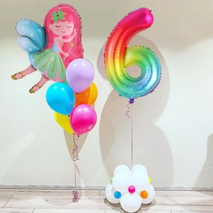 Detail of fairy princess balloon set with rainbow gradient number 6 for birthday decor