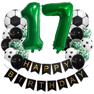 Soccer theme 17th birthday decor with green foil numbers and football balloons