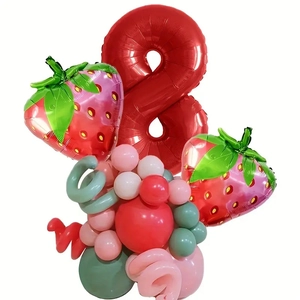 Detail of red number 8 balloon with strawberry foil balloons and colorful balloon base