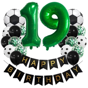 Soccer-themed 19th birthday decor set with green foil numbers and football balloons