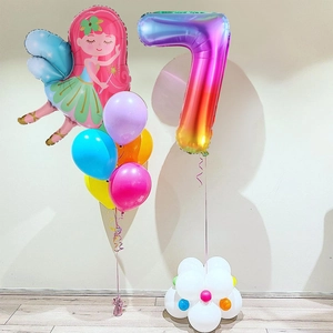 Detail of fairy balloon set with gradient number 7 and colorful latex base for birthdays