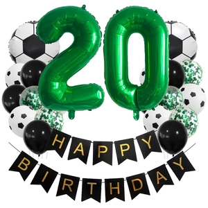 Soccer theme 20th birthday decoration set with green number balloons and football banner