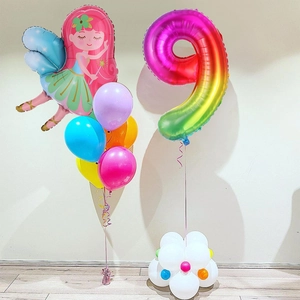 Balloon set featuring a large fairy foil balloon, rainbow number 9, and colorful latex base