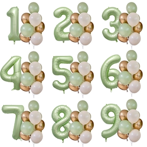 Detailed views of olive green number balloon sets with gold and cream latex clusters