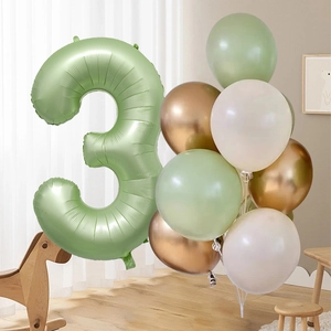 Detail of 40-inch olive green number 3 foil balloon with mixed color latex balloons set