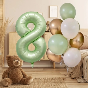 Detail of 40-inch olive green number 8 foil balloon with matte sage green balloon bouquet