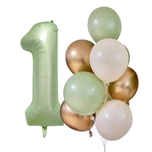 Olive green number 1 balloon set with metallic gold and cream latex balloons for birthday