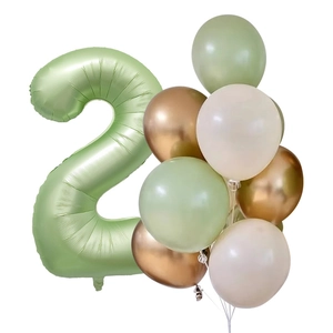 Olive green number 2 foil balloon kit with sage and gold latex balloons for party decor