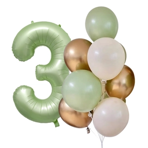 Olive green 40-inch number 3 foil balloon set with avocado and gold latex balloons