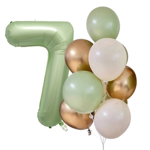 Detail of olive green number 7 foil balloon with gold and cream latex balloon kit