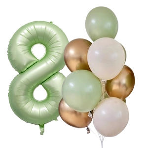 Detail of olive green number 8 foil balloon with gold and beige latex balloon set