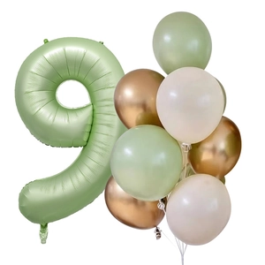 Sage green 40-inch number 9 balloon with gold and cream latex balloon cluster set