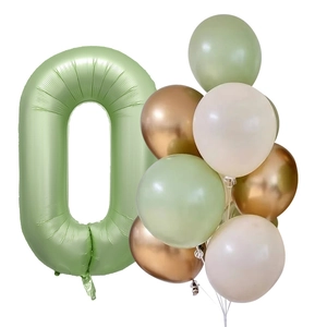 Detail of olive green number 0 foil balloon with sage green and gold latex balloon set