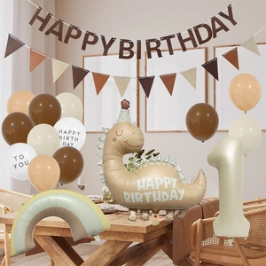 Dinosaurier Geburtstagsset mit matten Erdtönen Ballons und braunem Filz Happy Birthday Banner