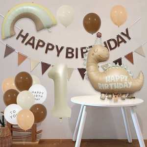 Detailliertes Set aus Dino-Regenbogenfolienballons und braunen Happy Birthday Bannern