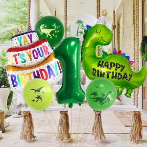 Détail du kit de ballons dinosaures 1er anniversaire avec gâteau arc-en-ciel et chiffre 1