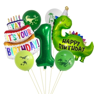 Kit déco premier anniversaire thème dinosaure jungle avec ballon chiffre 1 et gâteau
