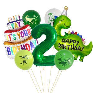 Set d'anniversaire dinosaure 2 ans avec ballons chiffre vert et gâteau en aluminium