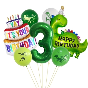 Kit ballons anniversaire dinosaure thème jungle avec ballon chiffre 3 vert et gâteau