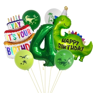 Kit de ballons 4ème anniversaire dinosaure avec chiffre 4 vert et ballon gâteau arc-en-ciel