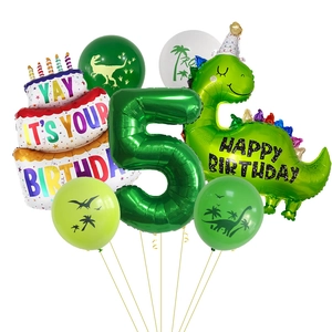 Kit 5e anniversaire dinosaure avec ballon chiffre 5 vert et gâteau pour fête enfant