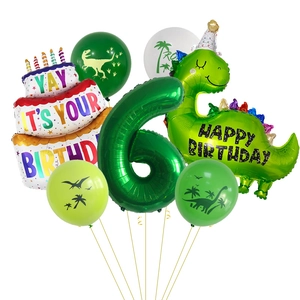 Kit anniversaire dinosaure avec ballon chiffre 6 vert et ballons en latex thématiques