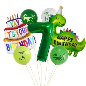 Kit ballons anniversaire dinosaure jungle avec chiffre 7 vert et ballon gâteau en aluminium